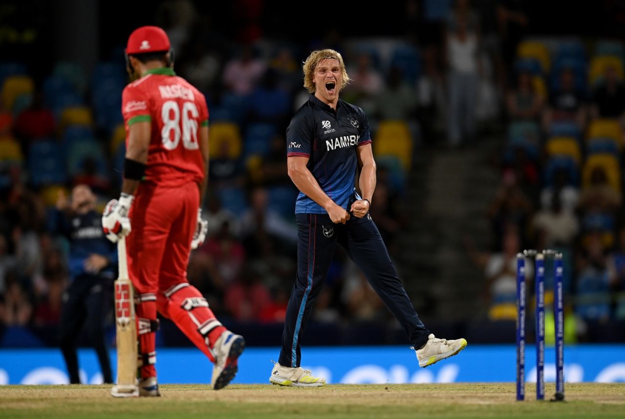 Ruben Trumpelmann took three wickets in his first two overs, Namibia vs Oman, T20 World Cup 2024, Group B, Bridgetown, June 2, 2024