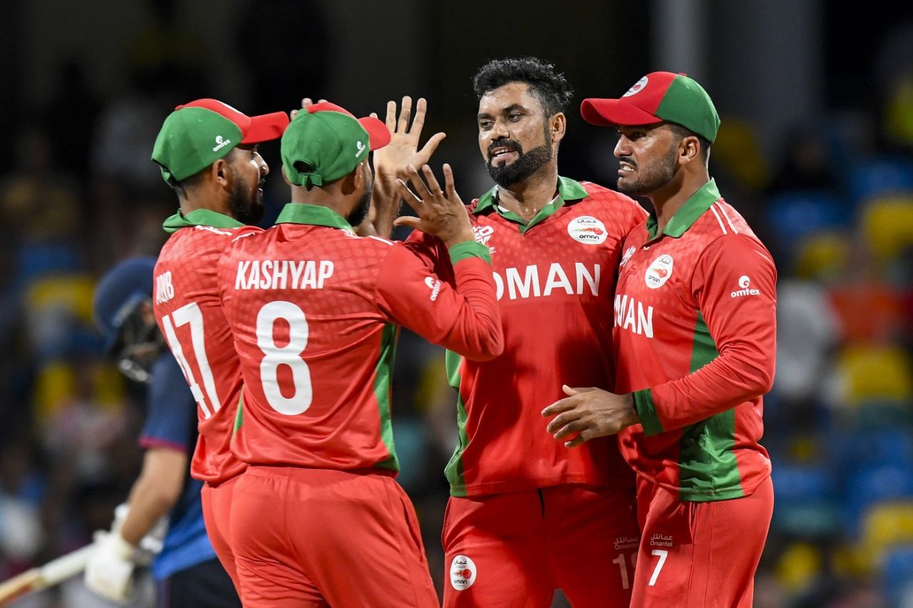 Bilal Khan struck on the second ball of the innings, Namibia vs Oman, T20 World Cup 2024, Group B, Bridgetown, June 2, 2024