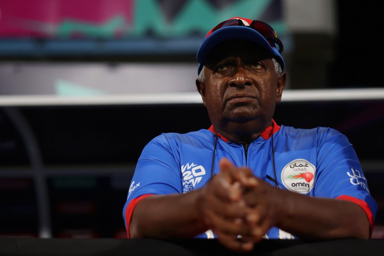 Oman head coach Duleep Mendis looks on during their Super-Over loss to Namibia, Namibia vs Oman, T20 World Cup 2024, Group B, Bridgetown, June 2, 2024