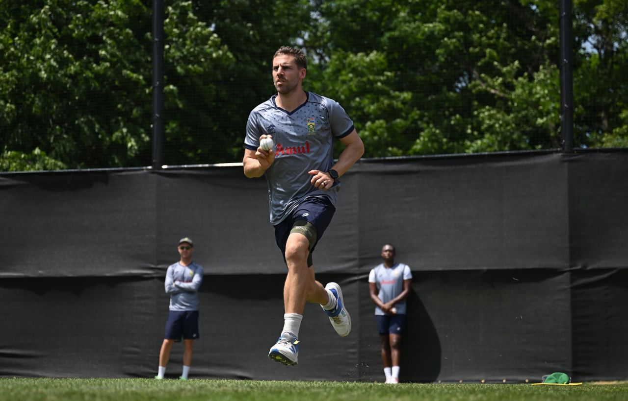 Anrich Nortje loads up during practice, T20 World Cup 2024, New York, June 2, 2024