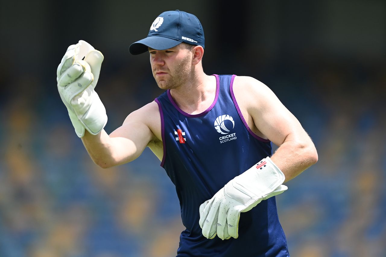 Matthew Cross gets a feel for the ball at Scotland training, Barbados, June 3, 2024