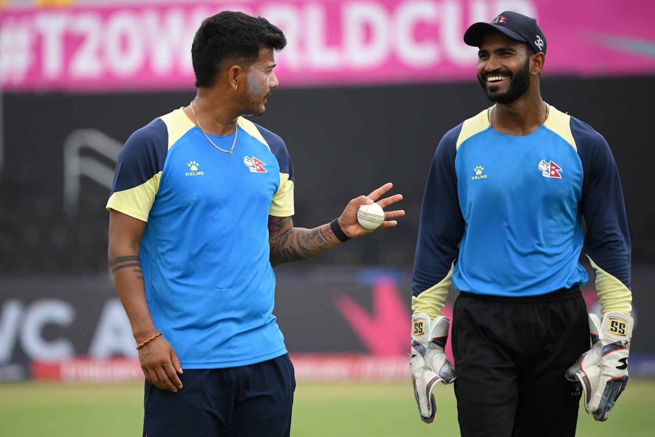 Abinash Bohara shares a laugh with Aasif Sheikh during a practice session, T20 World Cup, Dallas, June 3, 2024