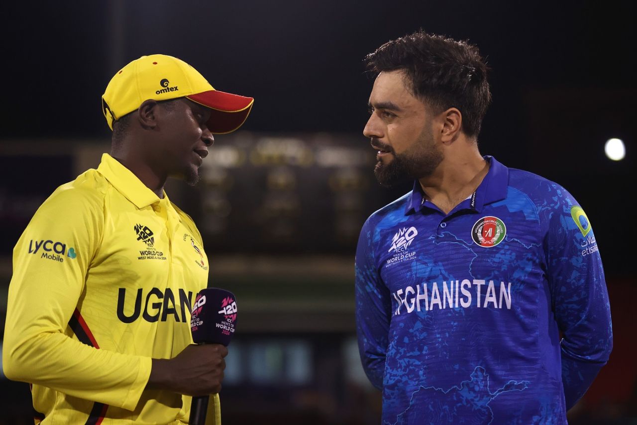 Uganda captain Brian Masabad and Afghanistan skipper Rashid Khan at the toss, Afghanistan vs Uganda, T20 World Cup 2024, Providence, June 3, 2024