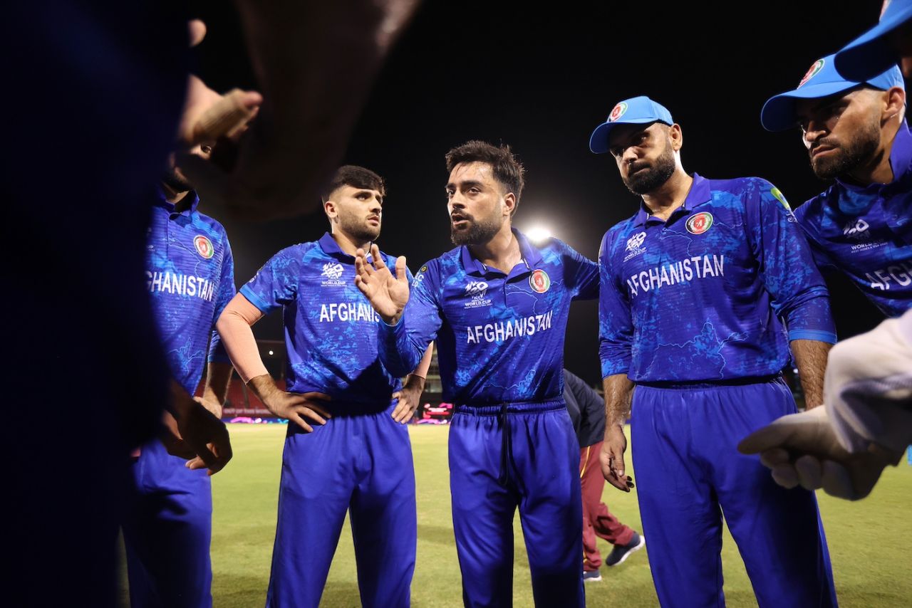 Rashid Khan gave his team a talk in the huddle, Afghanistan vs Uganda, T20 World Cup 2024, Providence, June 3, 2024