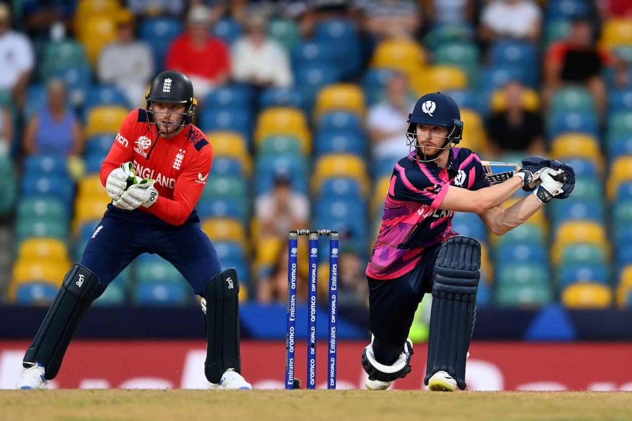 Michael Jones on the attack after the rain delay, England vs Scotland, T20 World Cup, Barbados, June 4, 2024