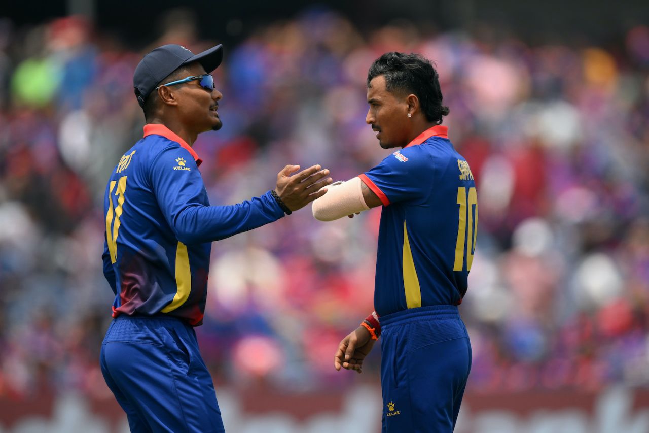 Rohit Paudel and Sompal Kami have a chat, Nepal vs Netherlands, T20 World Cup, Dallas, June 4, 2024