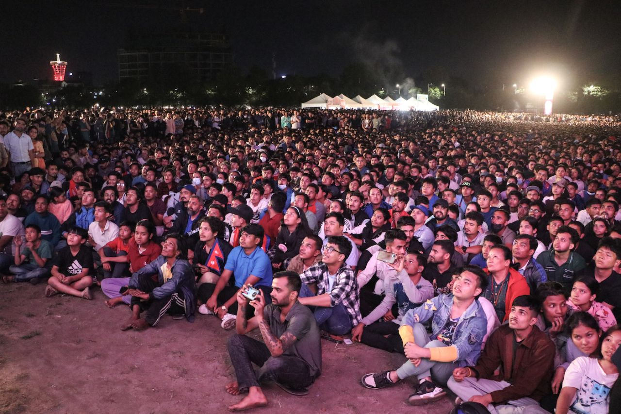 Hundreds of Nepali cricket supporters gather at Tudikhel open ground in Kathmandu to watch Nepal play Netherlands in Dallas, Nepal vs Netherlands, T20 World Cup, Dallas, June 4, 2024