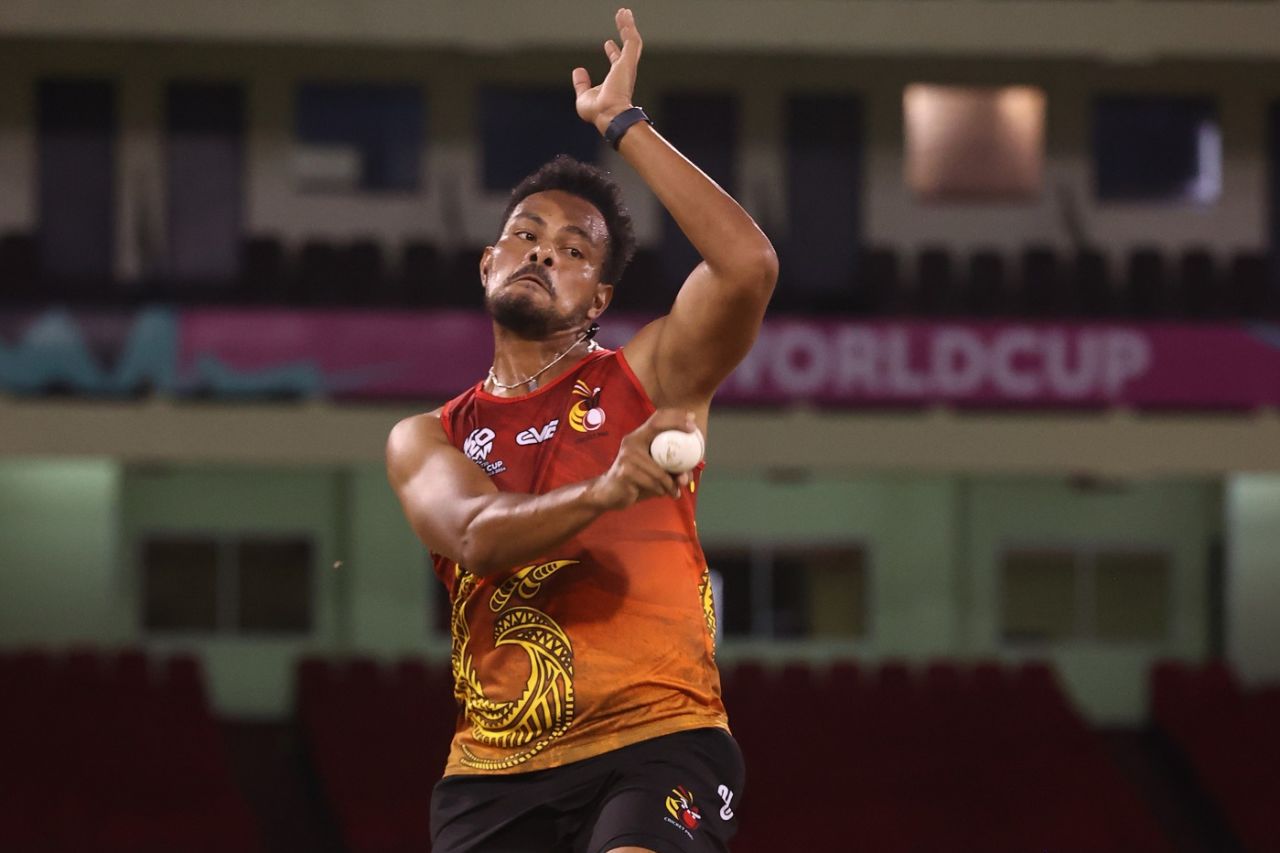 Norman Vanua bowls during a PNG training session in Guyana, T20 World Cup 2024, Guyana, June 4, 2024