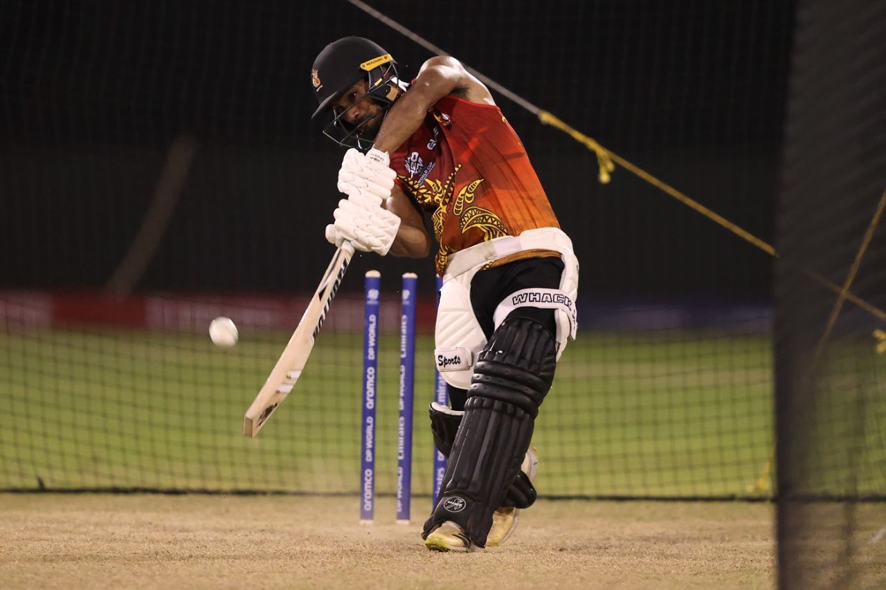 Lega Siaka lines up for a big shot in the nets, T20 World Cup 2024, Providence, June 4, 2024