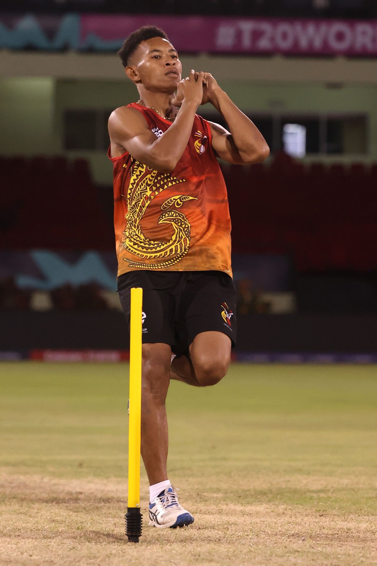 Left-arm spinner John Kariko in his delivery stride at a practice session, T20 World Cup 2024, Providence, June 4, 2024