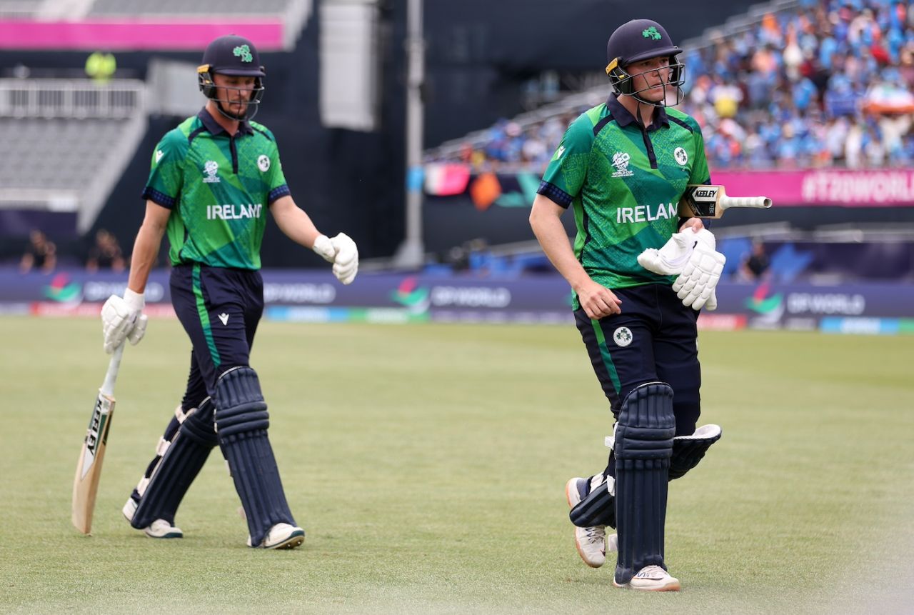 Gareth Delany and Ben White walk off after Ireland were dismissed for 96, India vs Ireland, T20 World Cup, New York, June 5, 2024