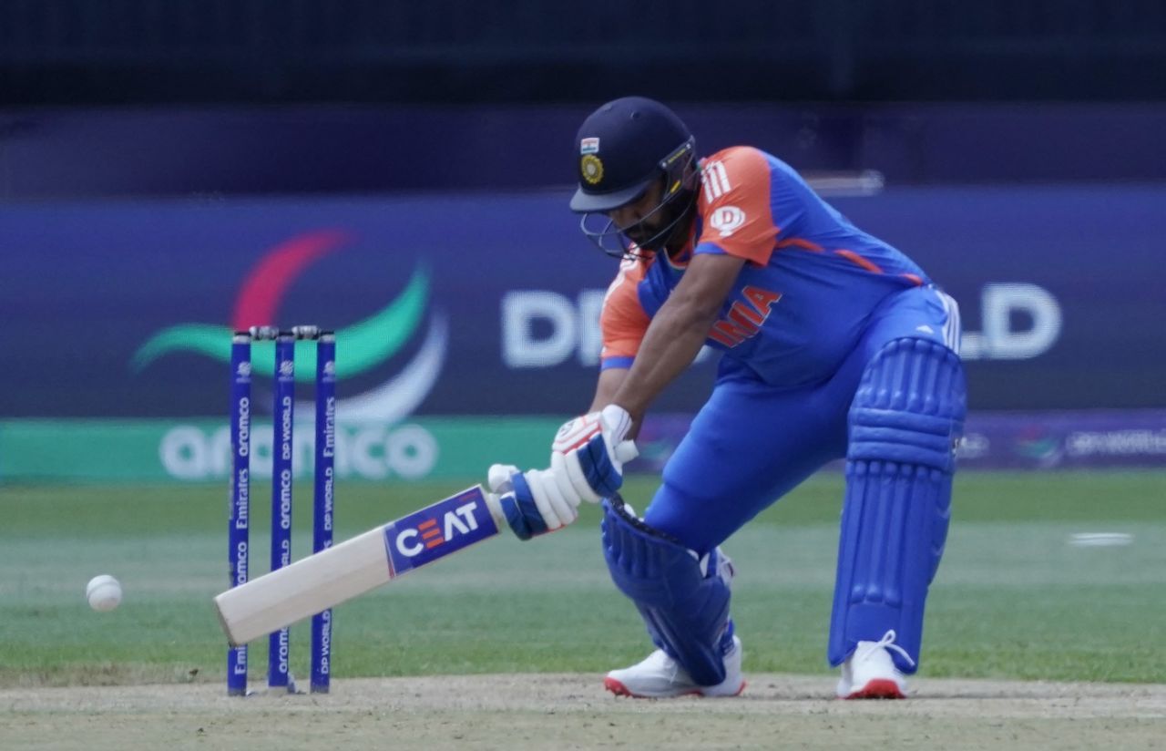 Rohit Sharma gets down low to play the ball, India vs Ireland, T20 World Cup, New York, June 5, 2024