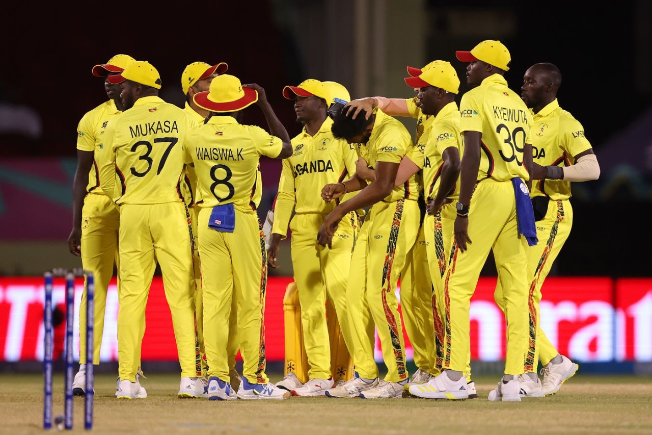 Uganda players celebrate an early wicket, Papua New Guinea vs Uganda, T20 World Cup, Providence, June 5, 2024