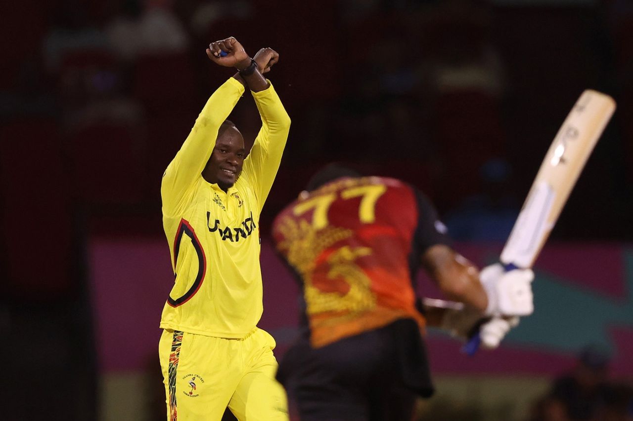 Brian Masaba celebrates Chad Soper's wicket, Papua New Guinea vs Uganda, T20 World Cup, Providence, June 5, 2024