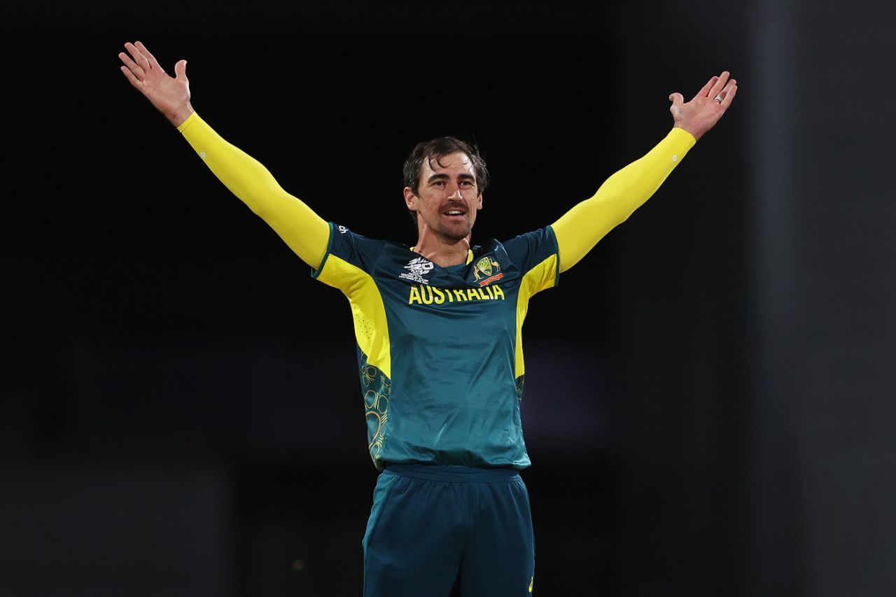 Mitchell Starc struck with his third ball to dismiss Pratik Athavale for a duck, Australia vs Oman, T20 World Cup, Bridgetown, June 5, 2024