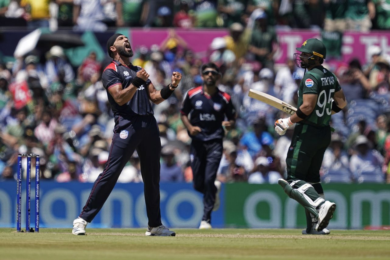 Jasdeep Singh is pumped up after getting Babar Azam, T20 World Cup 2024, USA vs Pakistan, Dallas, June 6 2024