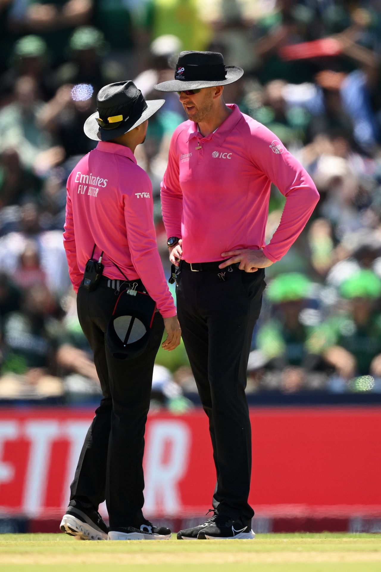 Umpires Allahuddien Paleker and Michael Gough discuss before calling a dead ball, USA vs Pakistan, T20 World Cup, Dallas, June 6, 2024