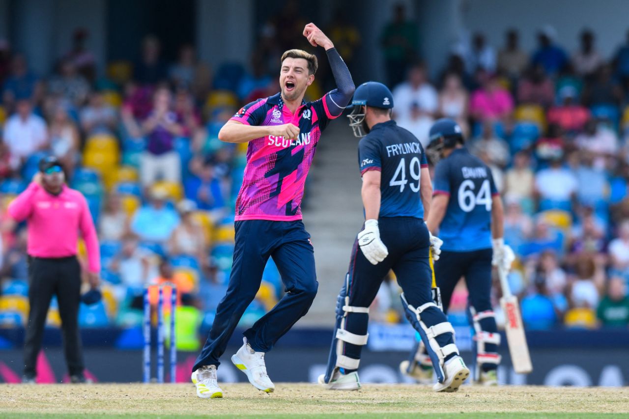 Brad Currie struck in the powerplay for Scotland, Namibia vs Scotland, T20 World Cup, Barbados, June 6, 2024