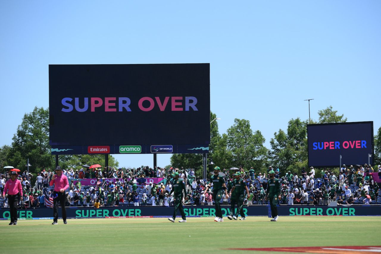 The scoreboard signals the Super Over after 318 runs couldn't separate Pakistan and USA, T20 World Cup 2024, USA vs Pakistan, Dallas, June 6 2024
