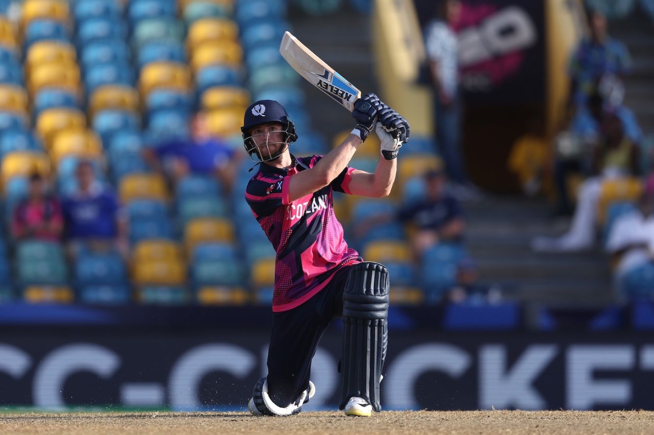 Michael Jones attacks during the Powerplay, Namibia vs Scotland, T20 World Cup, Barbados, June 6, 2024
