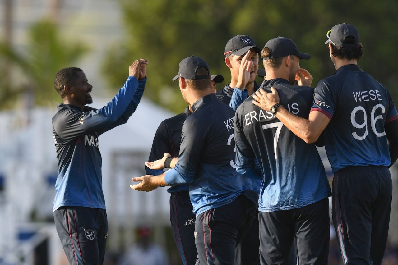Tangeni Lungameni celebrates the wicket of George Munsey, Namibia vs Scotland, T20 World Cup, Barbados, June 6, 2024