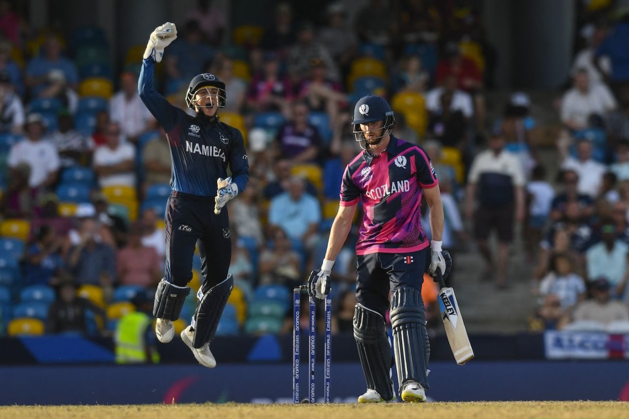 Zane Green celebrates the dismissal of Michael Jones, Namibia vs Scotland, T20 World Cup, Barbados, June 6, 2024