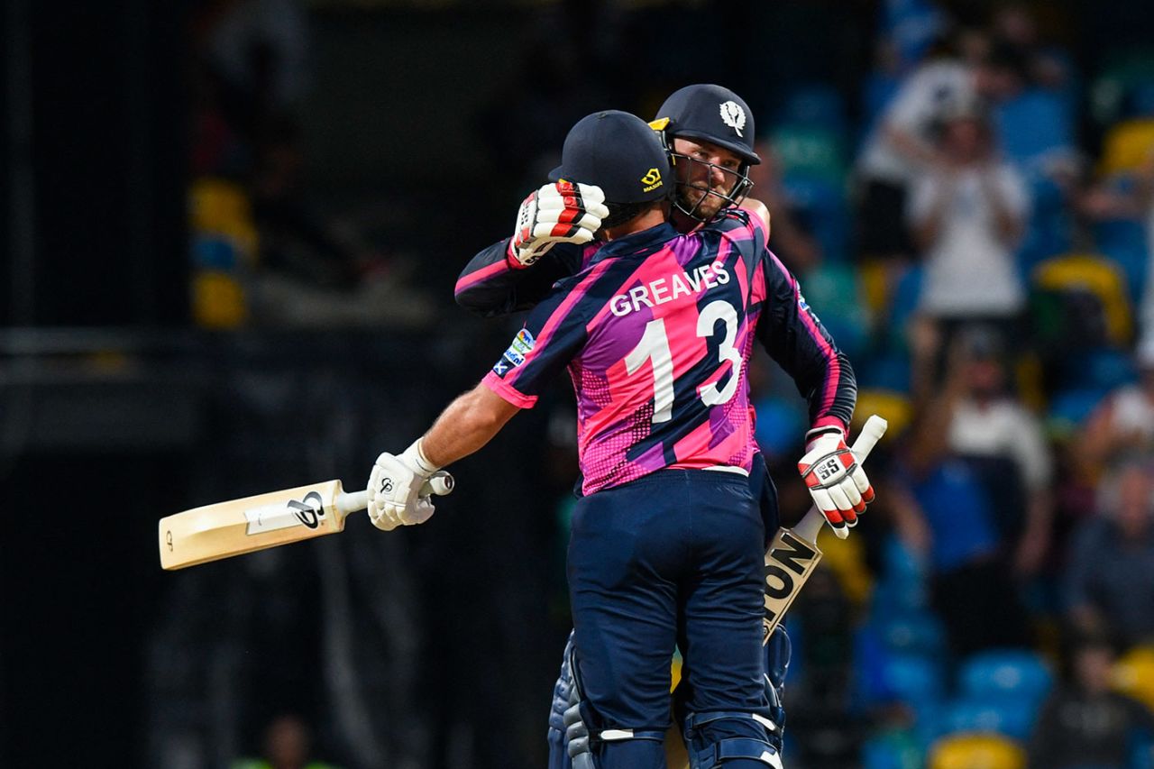 Richie Berrington and Chris Greaves celebrate victory, Namibia vs Scotland, T20 World Cup, Barbados, June 6, 2024