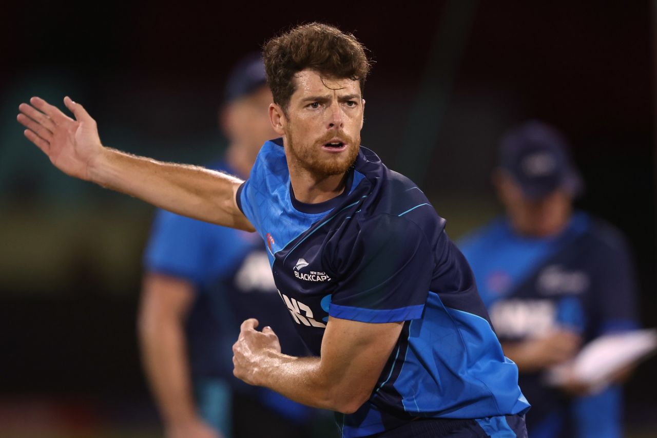 Mitchell Santner bowls during a practice session, Providence, T20 World Cup, June 6, 2024