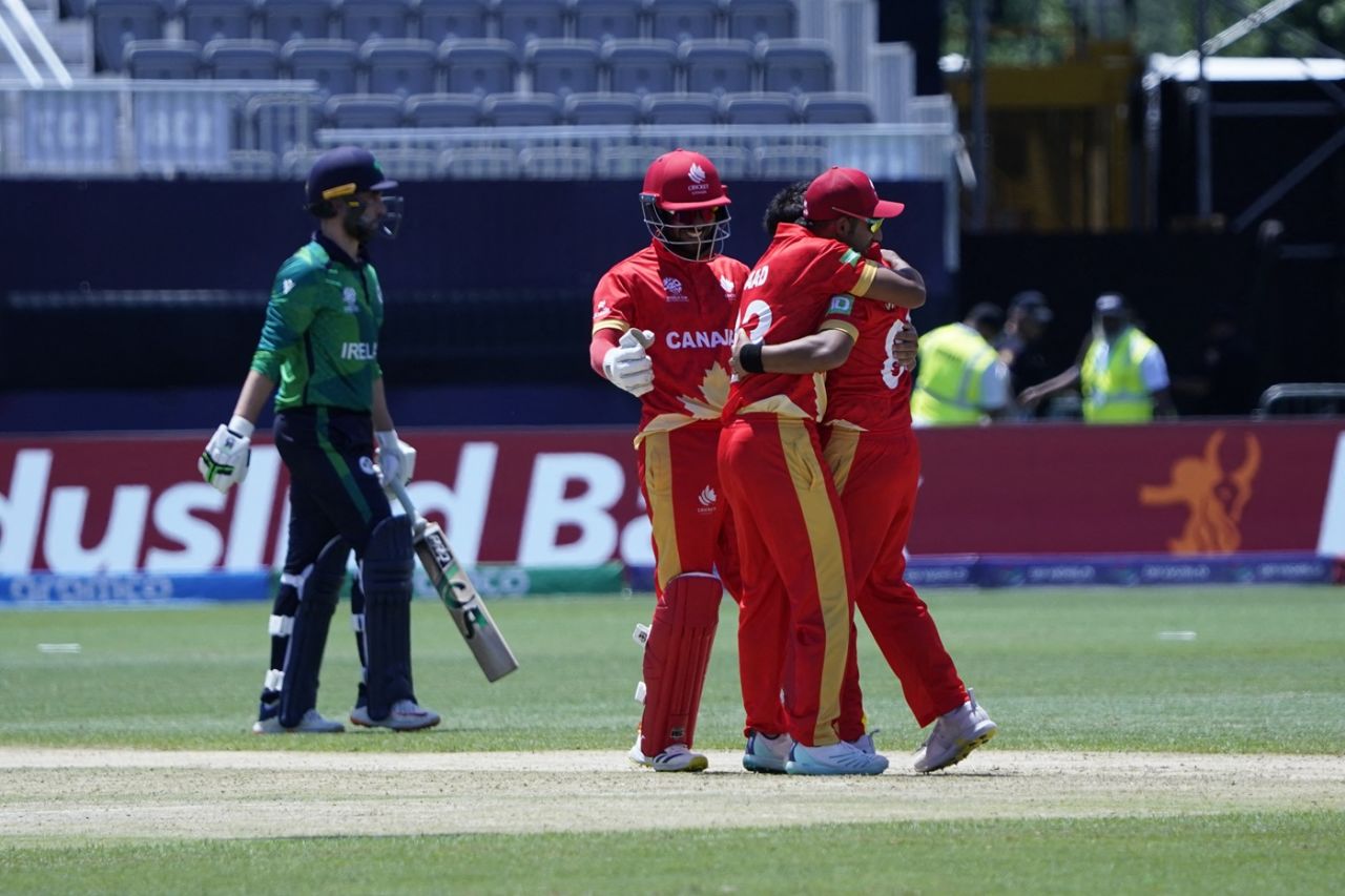 Canada players celebrate Andy Balbirnie's dismissal, Canada vs Ireland, T20 World Cup 2024, New York, June 7, 2024