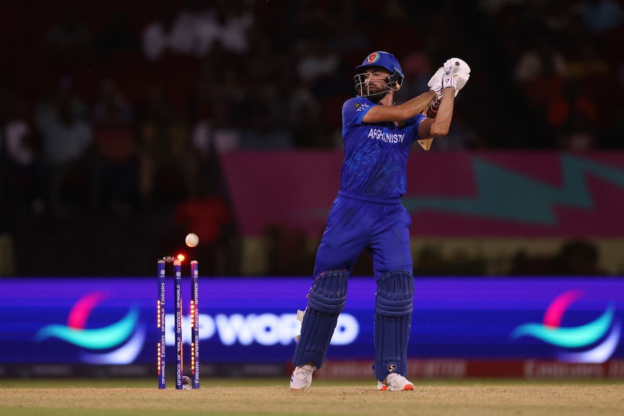 Ibrahim Zadran inside edged a short ball onto the stumps, New Zealand vs Afghanistan, T20 World Cup 2024, Guyana, June 7, 2024