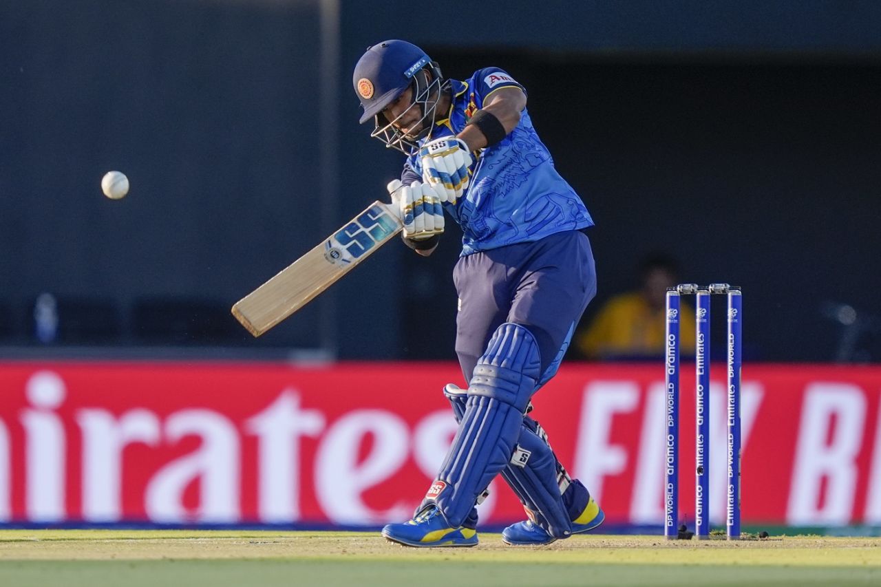 Pathum Nissanka drives down the ground for a six, Bangladesh vs Sri Lanka, T20 World Cup, Dallas, June 7, 2024