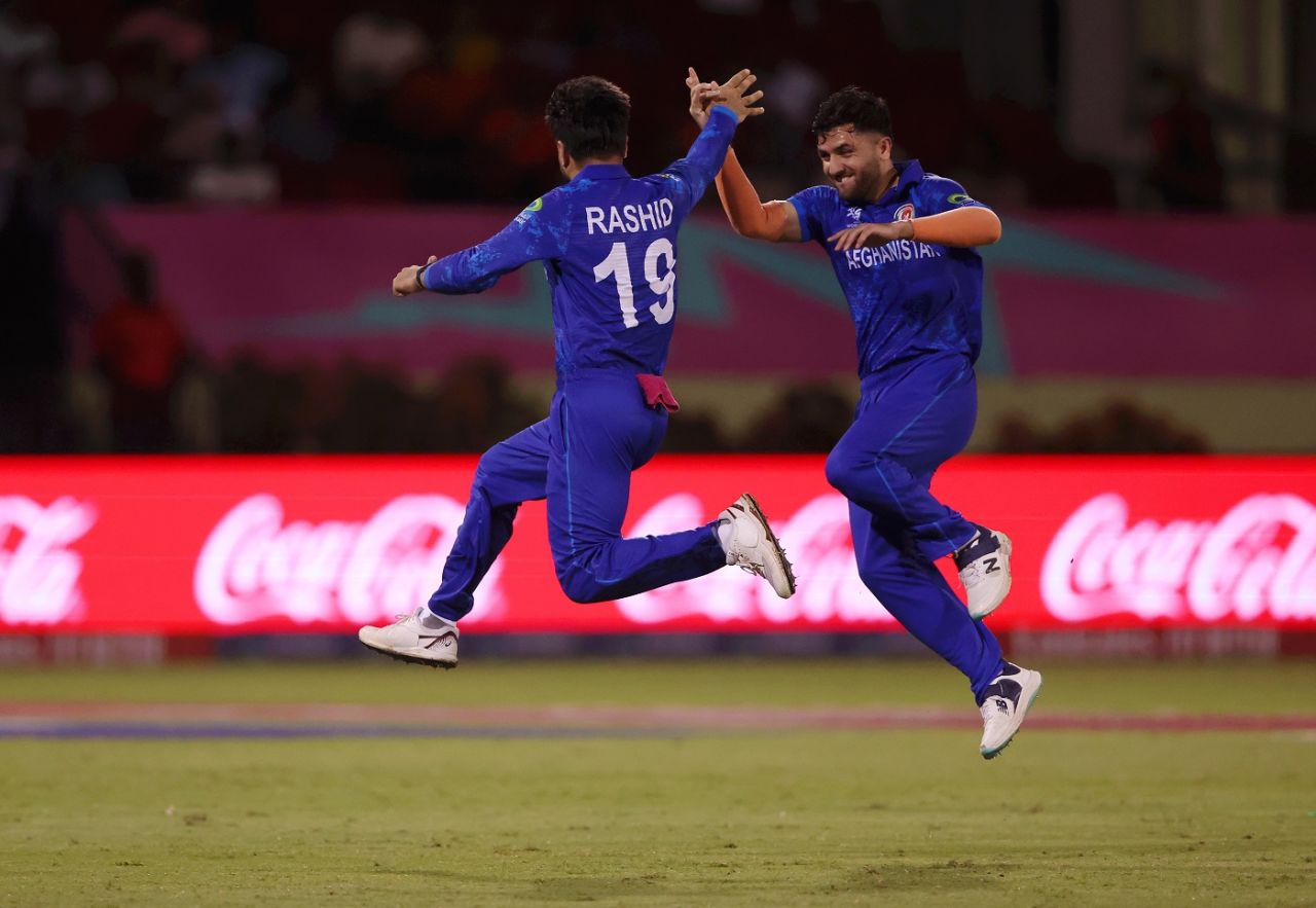 Rashid Khan leaps in joy, New Zealand vs Afghanistan, T20 World Cup 2024, Guyana, June 7, 2024