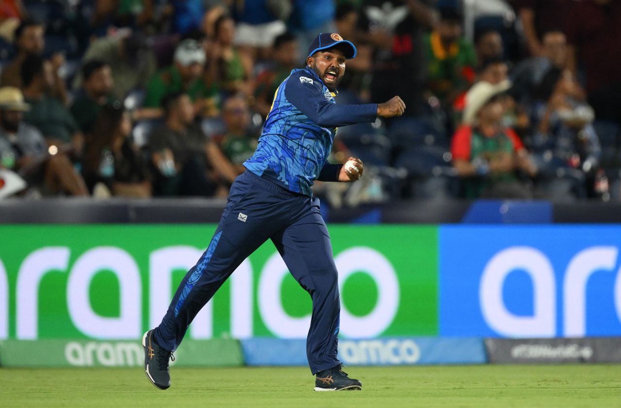 Wanindu Hasaranga is pumped after taking Soumya Sarkar's catch, Bangladesh vs Sri Lanka, T20 World Cup, Dallas, June 7, 2024