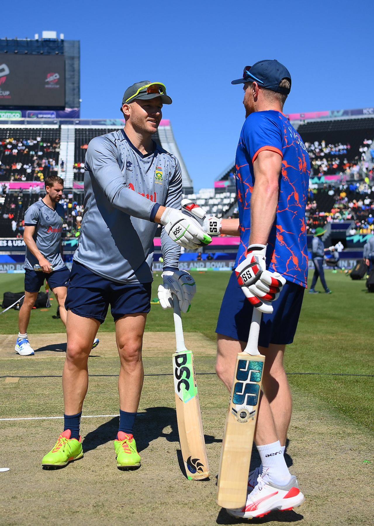 David Miller and Sybrand Engelbrecht catch up before the game, Netherlands vs South Africa, T20 World Cup 2024, New York, June 8, 2024