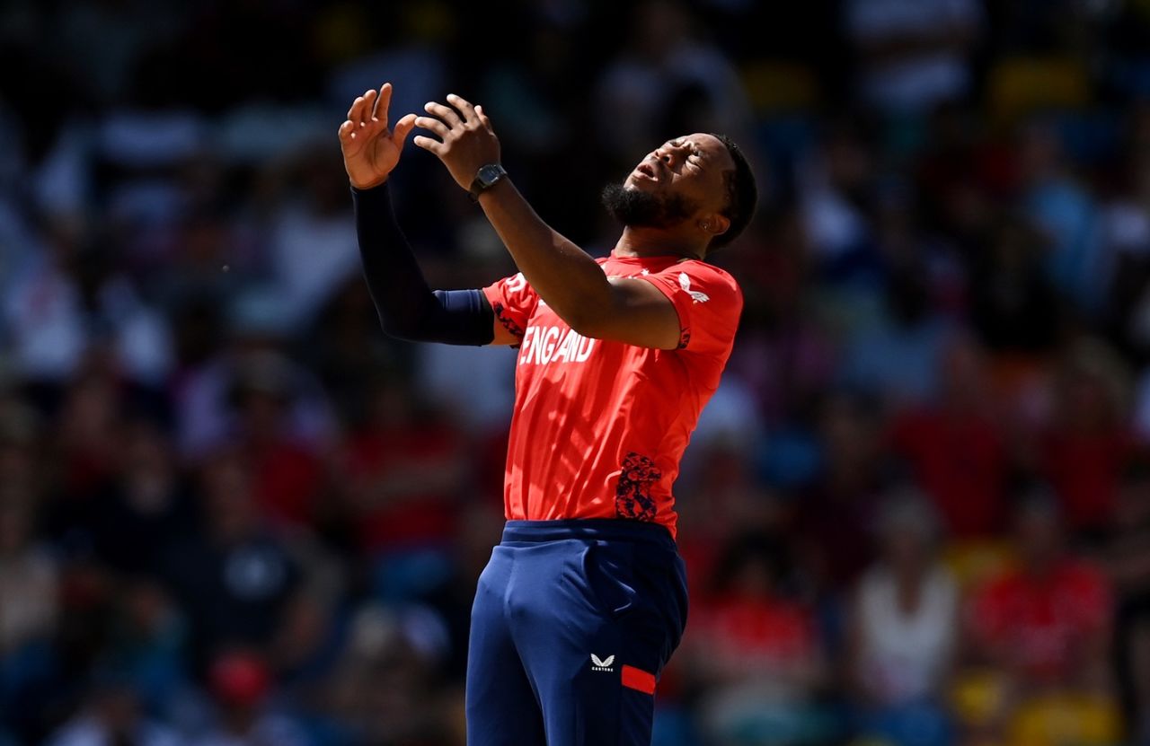 Chris Jordan wears a frustrated look, Australia vs England, T20 World Cup 2024, Bridgetown, June 8, 2024
