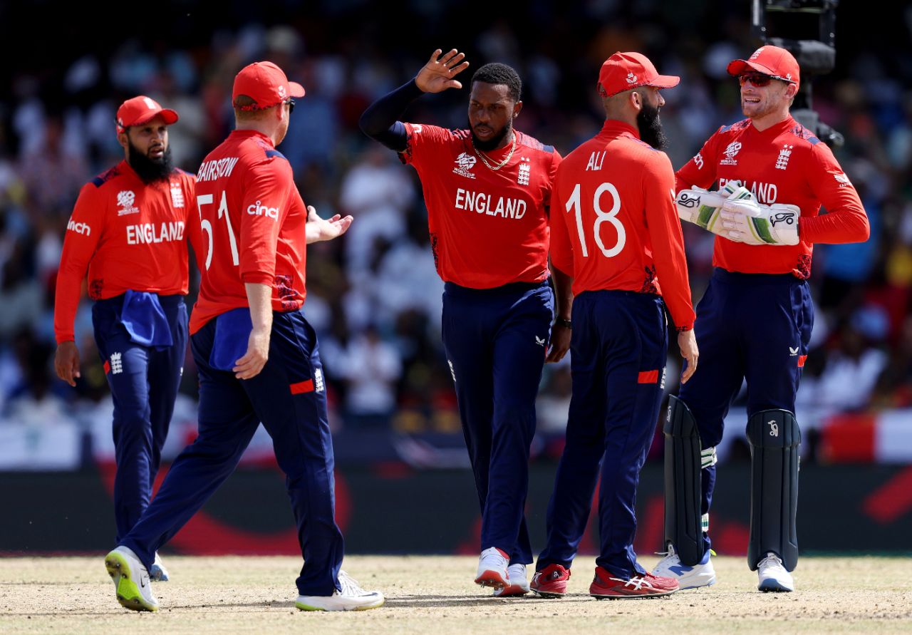 Chris Jordan claimed his 100th T20I wicket at the end of Australia's innings, Australia vs England, T20 World Cup 2024, Bridgetown, June 8, 2024