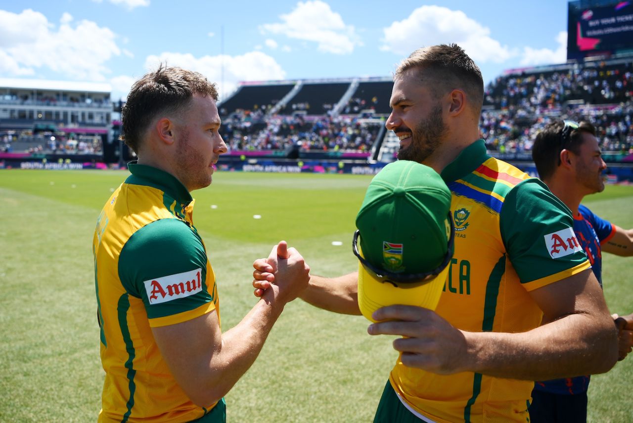 Aiden Markram shows his appreciation for David Miller's match-winning effort, Netherlands vs South Africa, T20 World Cup 2024, New York, June 8, 2024