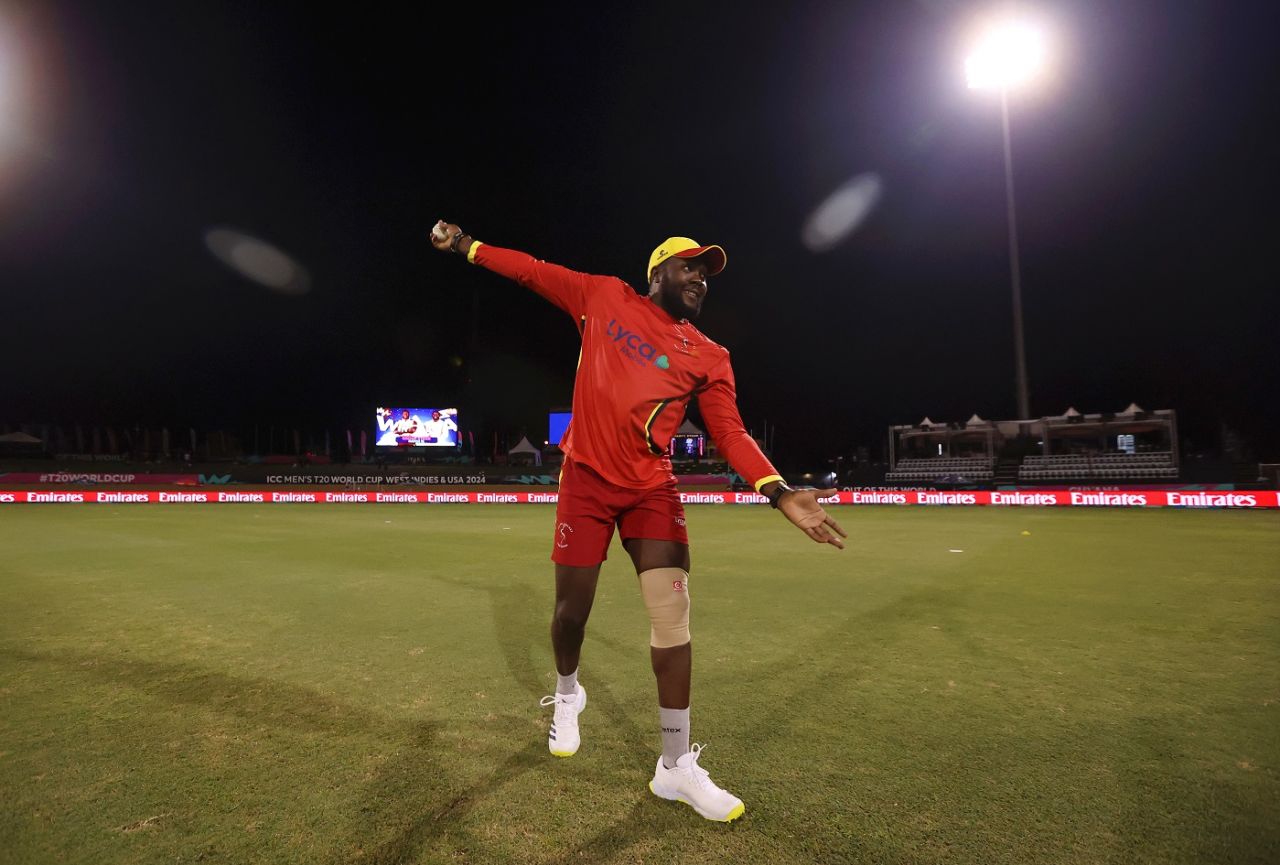 Roger Mukasa rolls his arm over, West Indies vs Uganda, Men's T20 World Cup 2024, Guyana, June 8, 2024
