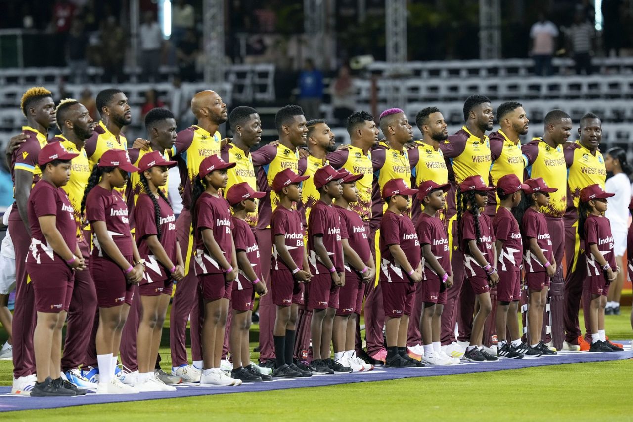 West Indies line up for the anthem, West Indies vs Uganda, Men's T20 World Cup 2024, Guyana, June 8, 2024