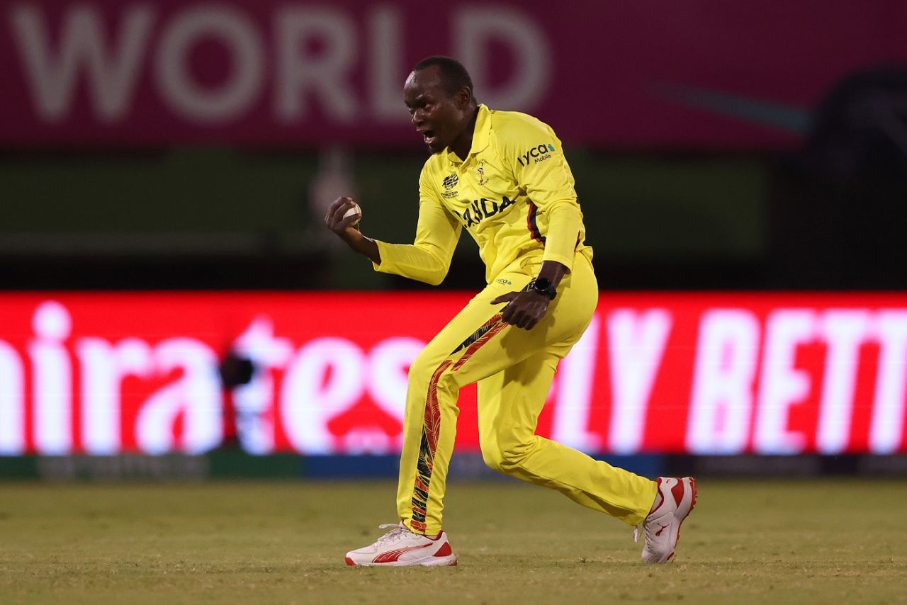 Brian Masaba celebrates after dismissing Nicholas Pooran, West Indies vs Uganda, Men's T20 World Cup 2024, Guyana, June 8, 2024