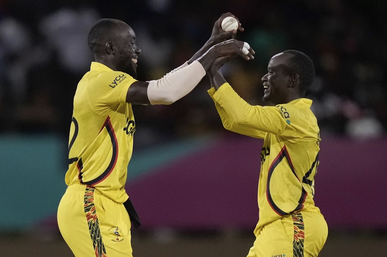 Brian Masaba and Robinson Obuya combined to dismiss Rovman Powell, West Indies vs Uganda, Men's T20 World Cup 2024, Guyana, June 8, 2024