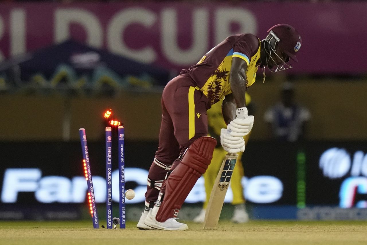 Sherfane Rutherford couldn't keep out a perfect Cosmas Kyewuta yorker, West Indies vs Uganda, Men's T20 World Cup 2024, Guyana, June 8, 2024