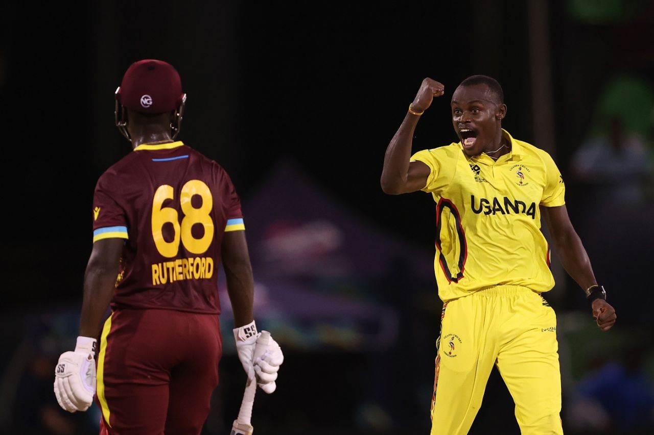Cosmas Kyewuta gave Sherfane Rutherford a send-off after bowling the perfect yorker, West Indies vs Uganda, Men's T20 World Cup 2024, Guyana, June 8, 2024