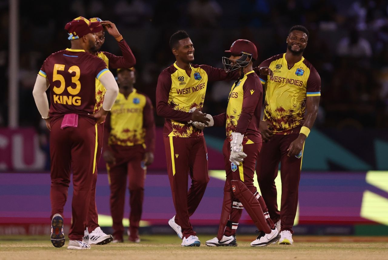 Akeal Hosein picked up his maiden T20I five-for, West Indies vs Uganda, Men's T20 World Cup 2024, Guyana, June 8, 2024