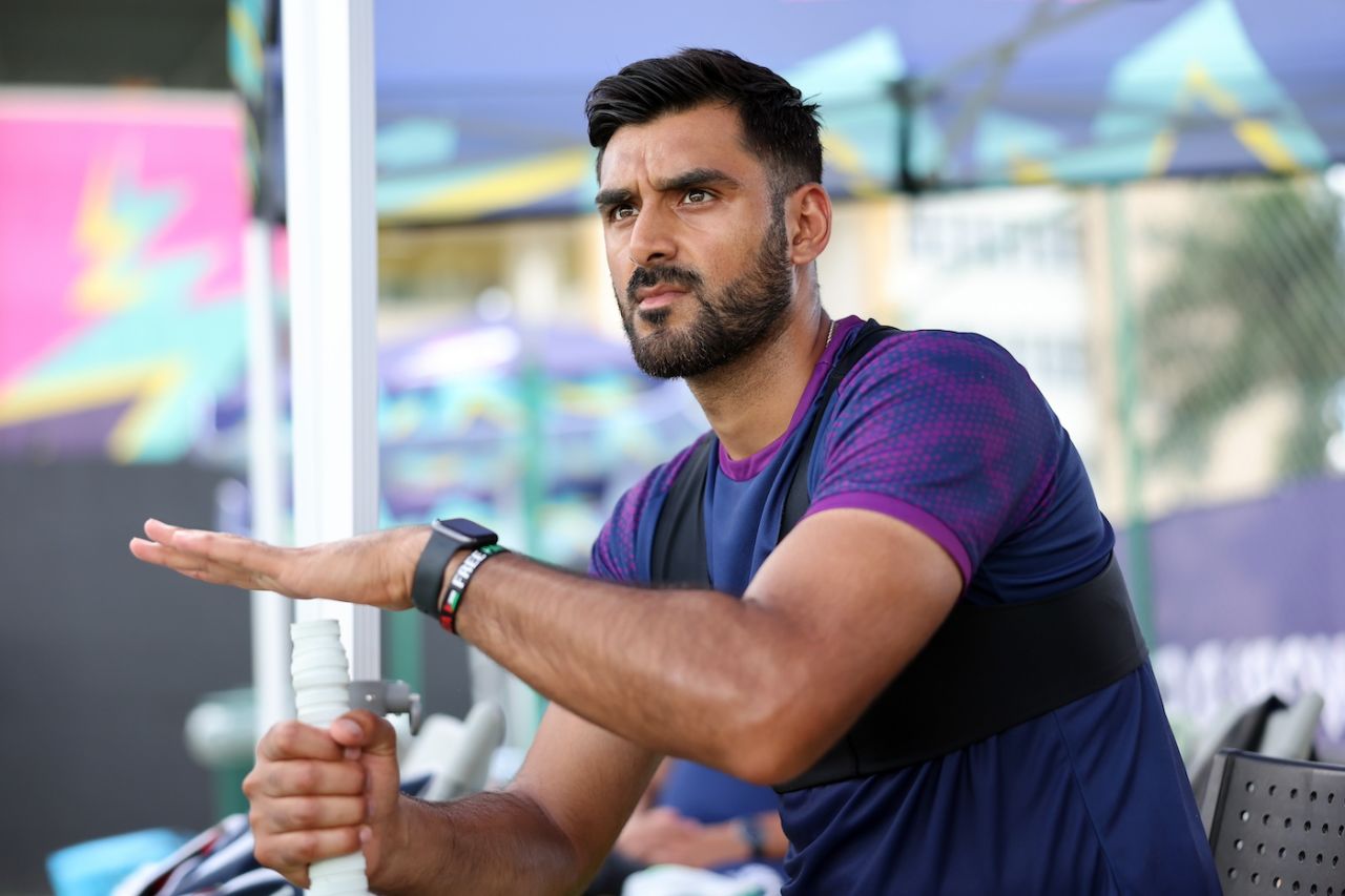 Safyaan Sharif at Scotland's net session ahead of the match against Oman in Antigua, June 8, 2024