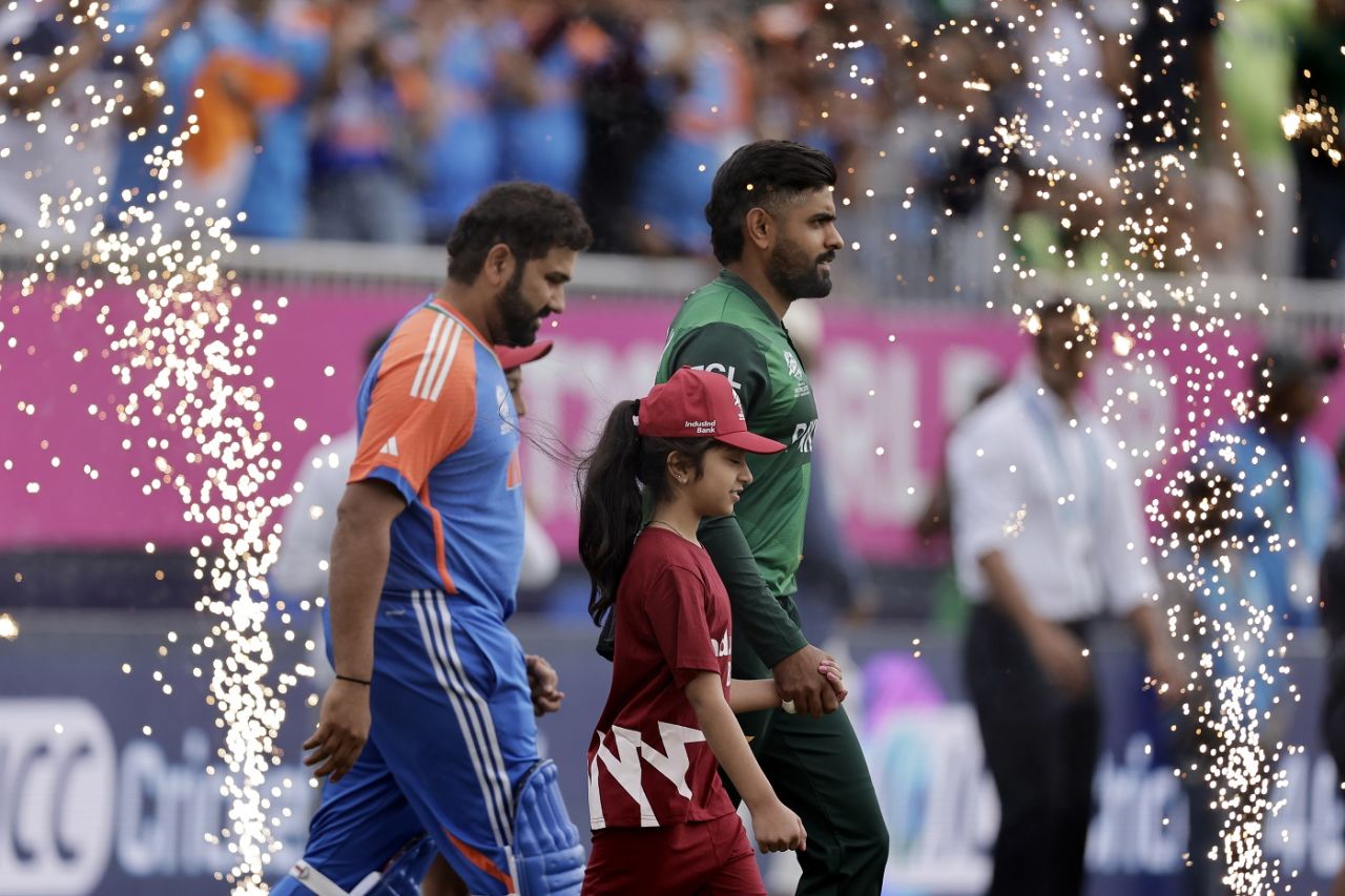 Rohit Sharma and Babar Azam walk out for the all-important clash, India vs Pakistan, T20 World Cup 2024, New York, June 9, 2024