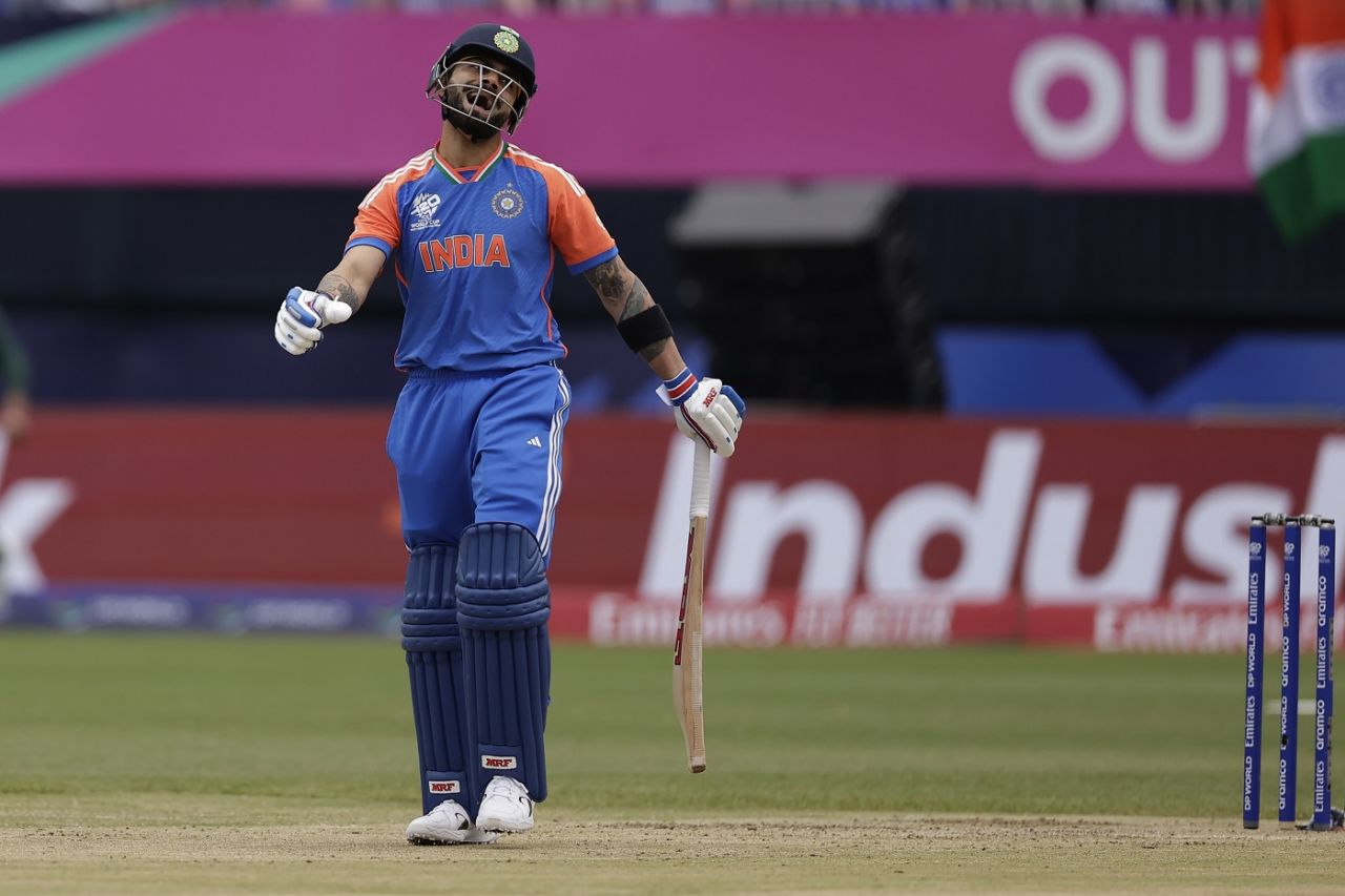 Virat Kohli is disappointed with himself after slapping a short-of-a-length Naseem Shah delivery straight to cover point, India vs Pakistan, T20 World Cup 2024, New York, June 9, 2024