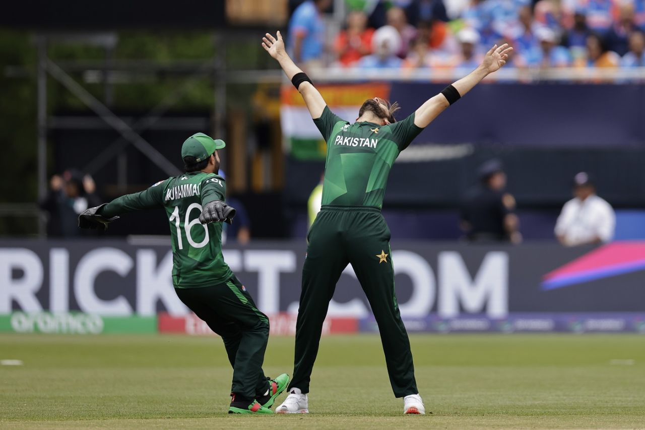 Shaheen Shah Afridi brings out his signature celebration pose after sending back Rohit Sharma, India vs Pakistan, T20 World Cup 2024, New York, June 9, 2024