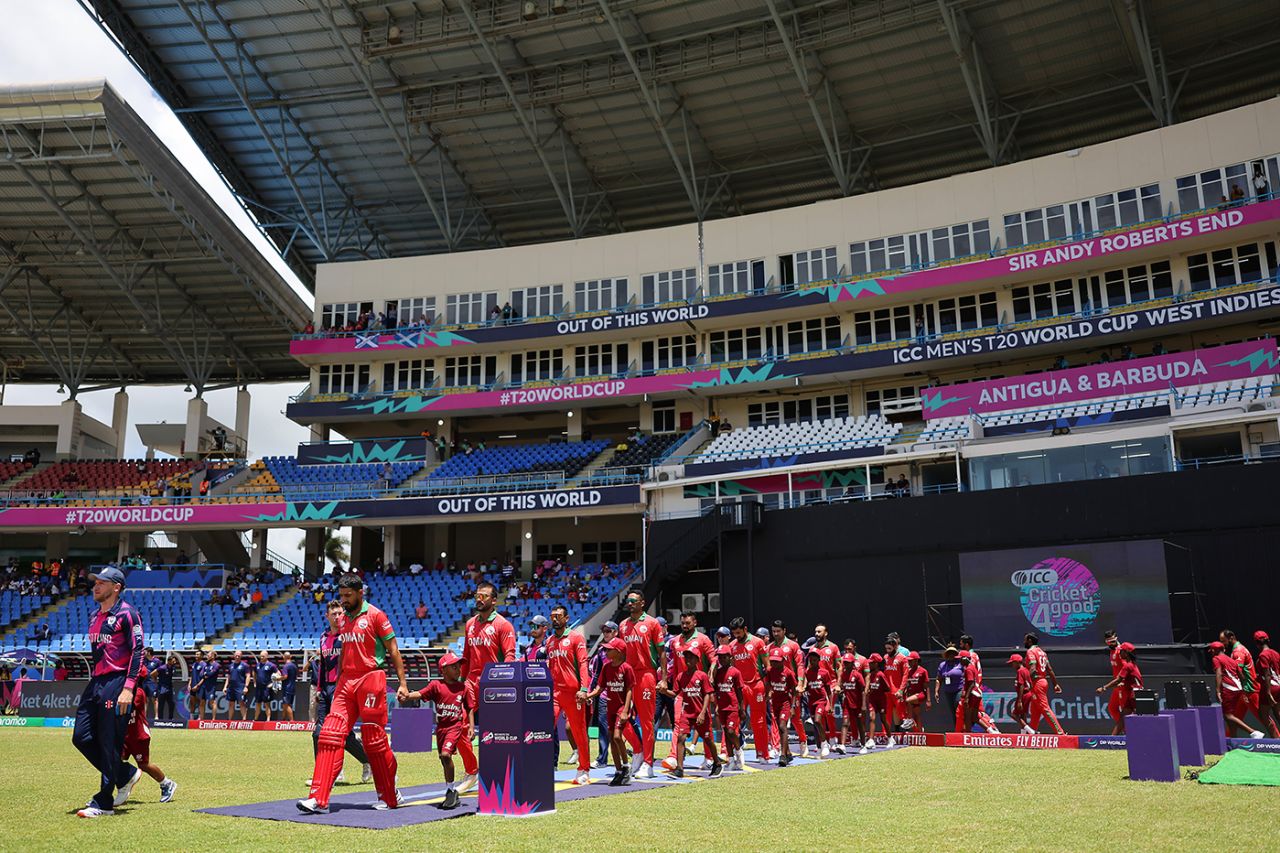 Richie Berrington and Aqib Ilyas lead the teams out, Oman vs Scotland, T20 World Cup, Group B, Antigua, June 9, 2024