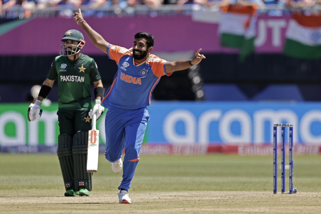 Jasprit Bumrah celebrates after getting rid of Babar Azam early, India vs Pakistan, T20 World Cup 2024, New York, June 9, 2024